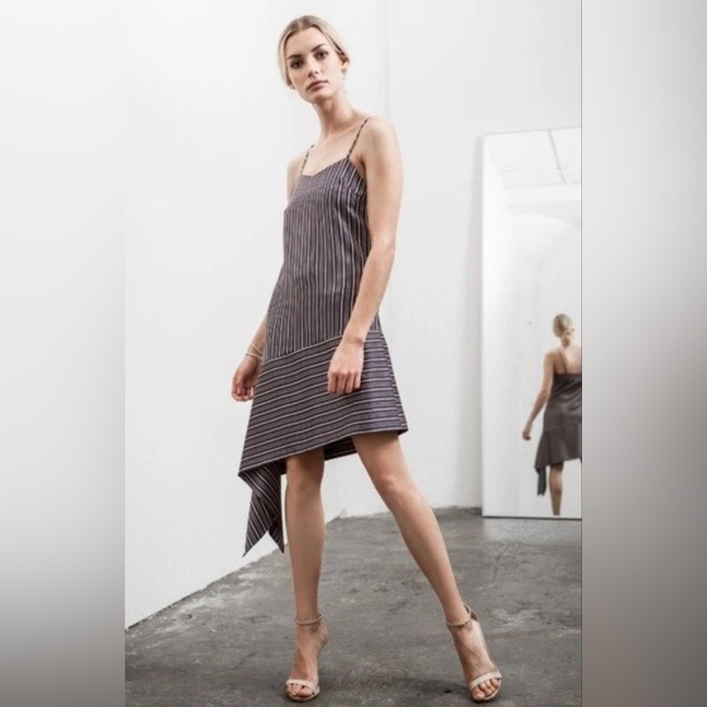 J.O.A. Navy and White Asymmetrical Striped Slip Dress